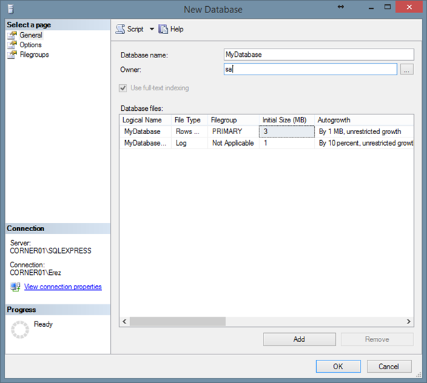 SQL Server 2008 Add New database windows